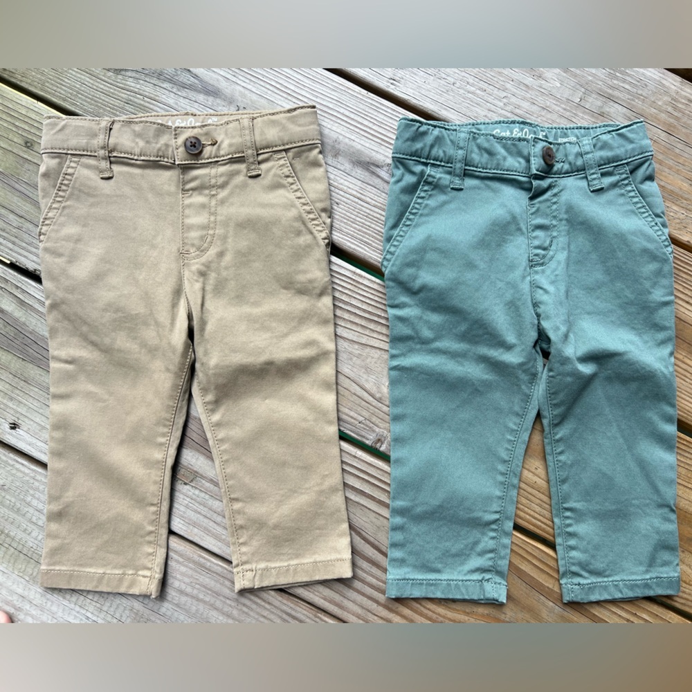 2 Cat & Jack Tan and Green Slim Stretch Pants - 12M Infant Baby Toddler